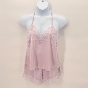 Badgley Mischka NWT Lavender Lace Satin Cami Shorts Pajama Set Large Sleepwear